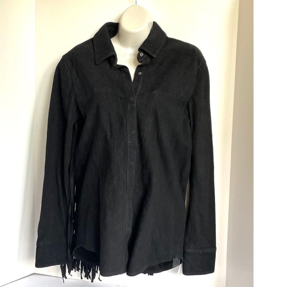 RTA Suede Shirt Jacket Womens Small Black Fringe Leather Snap Front Slim Fit